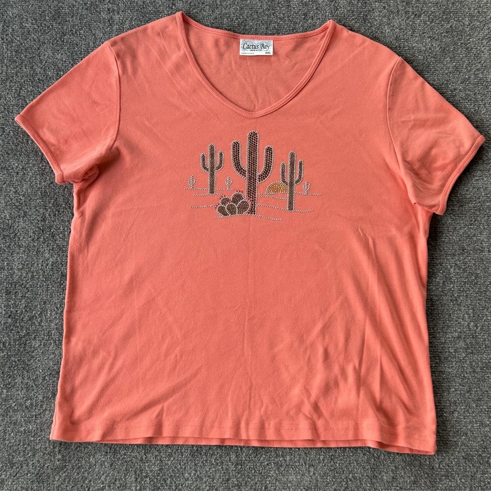 Cactus Bay Shirt Womens XXL Pink Rhinestone‎ Cactus Desert Graphic Tee V Neck